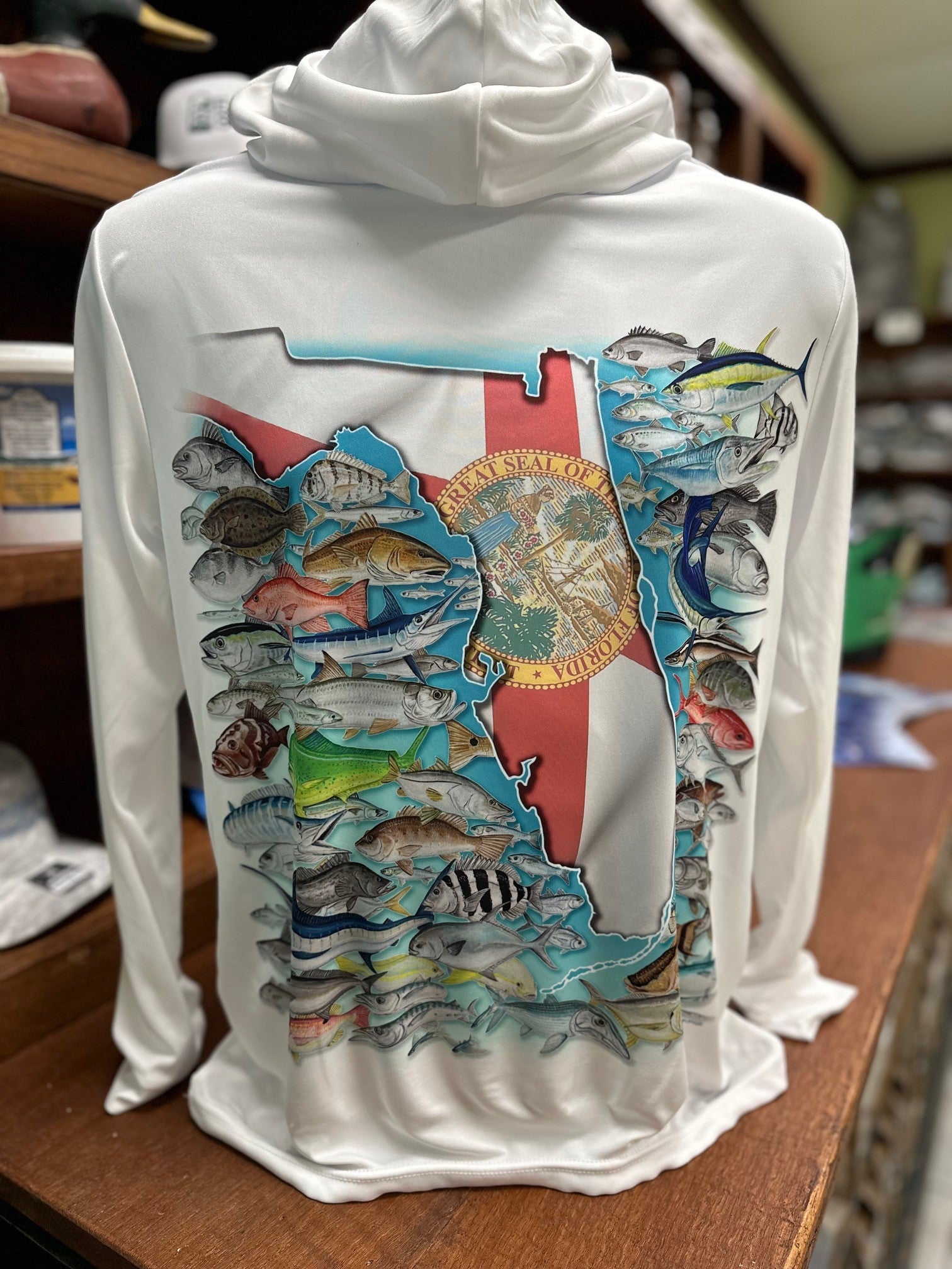 Everglades Sportswear State Flag and Fish Fishing Shirt with Hood